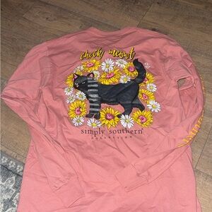 Simply Southern Coral Shirt with Black Cat and Floral Design